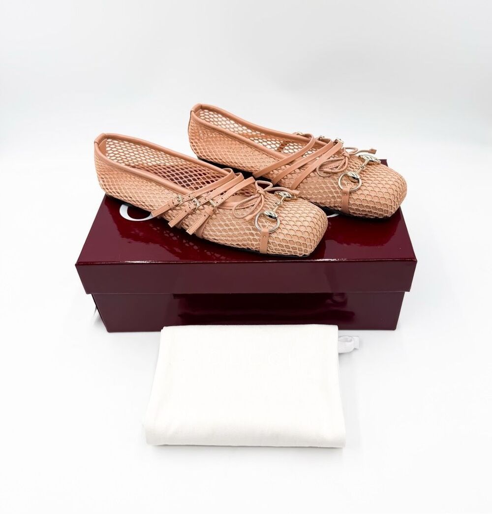 Gucci Net Mesh Leather Horsebit Ballet Flats Dusty Rose Pink EU 38 US 8